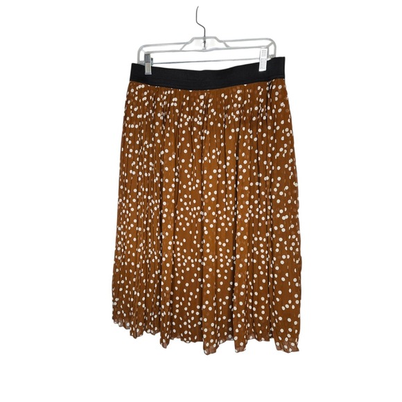 Pleated Polka Dot Midi Skirt Brown Elastic Waist Minimalist Coastal Grandma L - Picture 3 of 7